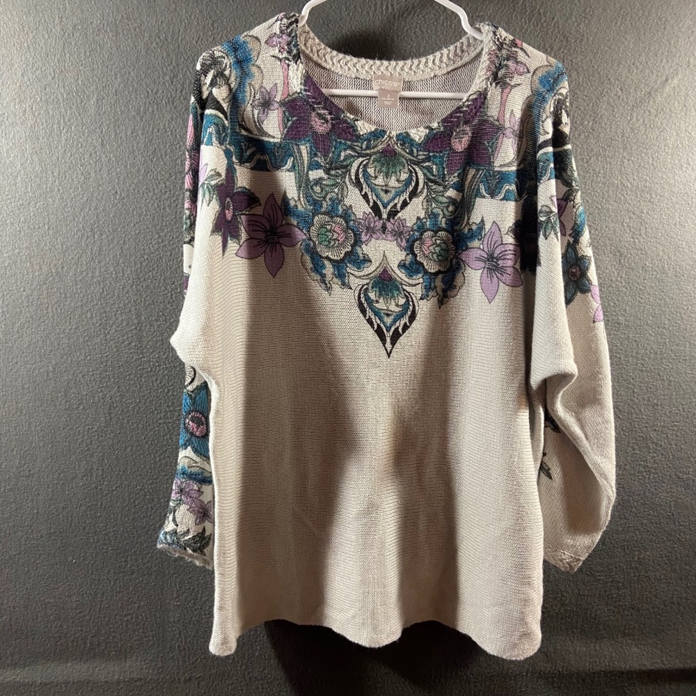 Chico's Floral Knit Sweater XL 3 boho layering lightweight relaxed fit Purple